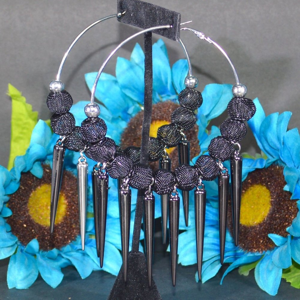 3" Black Wire Mesh Beads with Spikes Hoop Earrings